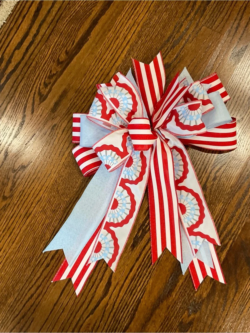 Patriotic Red & Light Blue Decorative Bow - Home Holiday Wreath Accent